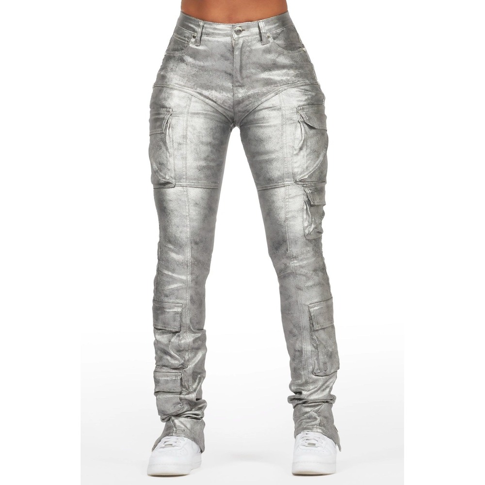 Rockstar Original Teeoina‎ Silver Coated Black Skinny Stacked PU Pant Size M NWT
